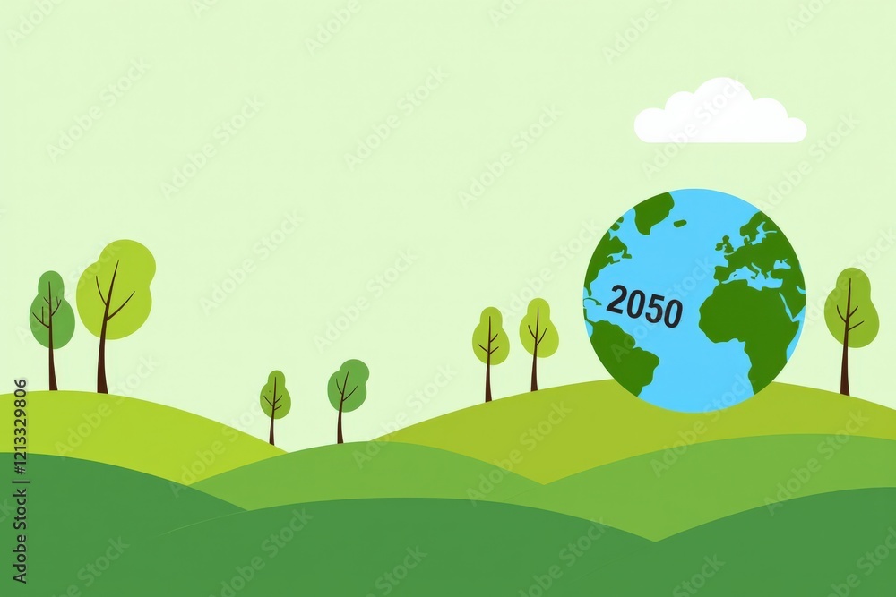 Illustration of a Green Landscape with a Globe Symbolizing Sustainable Development Goals for the Year 2050, Featuring Trees and Rolling Hills Illustration of a Green Landscape with a Globe Symbolizing Sustainable Development Goals for the Year 2050, Featuring Trees and Rolling Hills