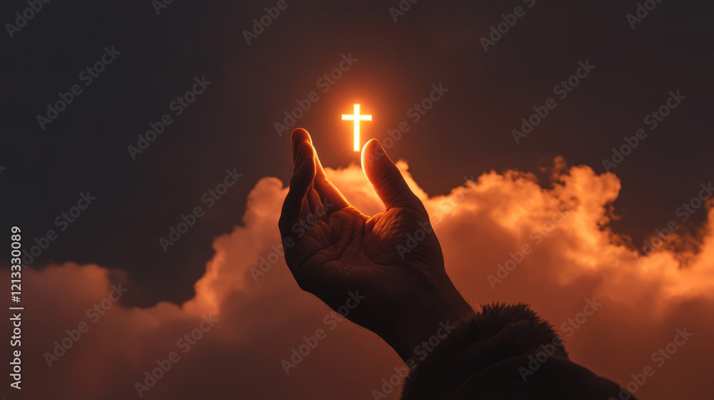 Hand reaching out from clouds holding a glowing cross, surrounded by soft heavenly light radiating against a dark sky. Symbolic representation of faith, hope, and divine connection. Hand reaching out from clouds holding a glowing cross, surrounded by soft heavenly light radiating against a dark sky. Symbolic representation of faith, hope, and divine connection.