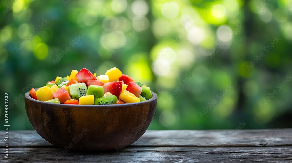 Naklejka premium Fresh fruit salad in a wooden bowl outdoors