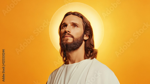 Portrait of Jesus Christ in white robes with long hair and radiant golden halo on a warm beige background. Calm and inspiring expression. Religious and spiritual theme. Design for posters. photo