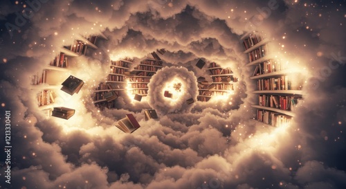 Enchanted Bookshelves in a Dreamy Cloud Landscape: A Magical, Whimsical Artwork