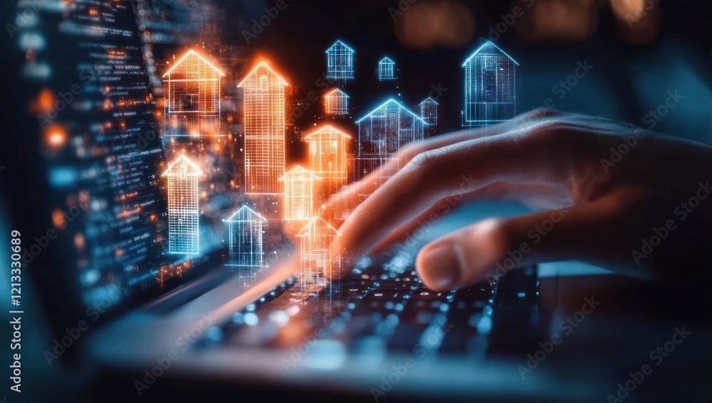 Futuristic Hand Typing on Laptop with Holographic Icons of Houses Glowing Above Keyboard in Cyberpunk Style Futuristic Hand Typing on Laptop with Holographic Icons of Houses Glowing Above Keyboard in Cyberpunk Style