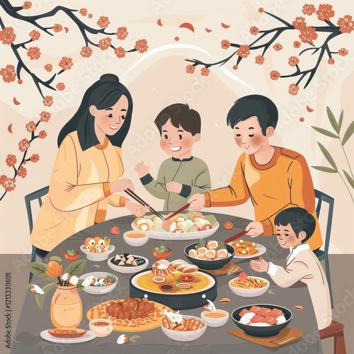 A happy family of four enjoys a delicious meal together at a table with many dishes.