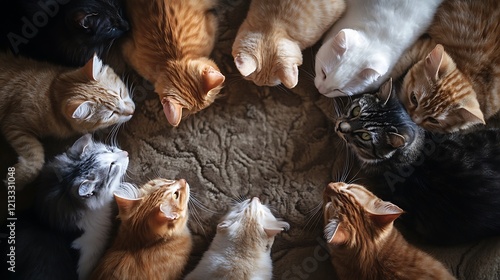 A group of cats sitting in a perfect circle, gazing downward in a quiet home environment photo