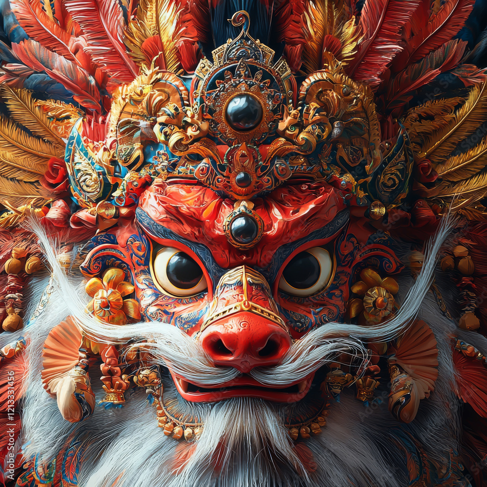 Fototapeta premium Ornate Ceremonial Mask with Elaborate Headpiece and Feathers