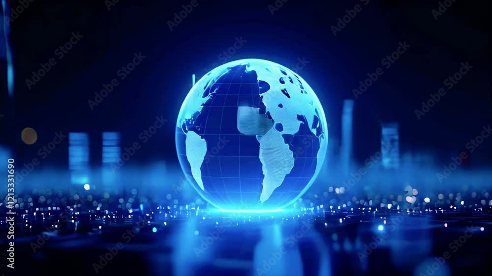 A glowing blue globe representing Earth, surrounded by a digital network of lights. A glowing blue globe representing Earth, surrounded by a digital network of lights.