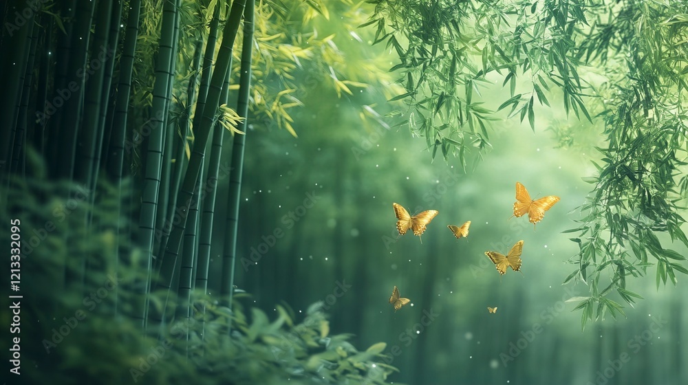 Obraz premium Serene Bamboo Forest with Golden Butterflies A Tranquil Nature Scene