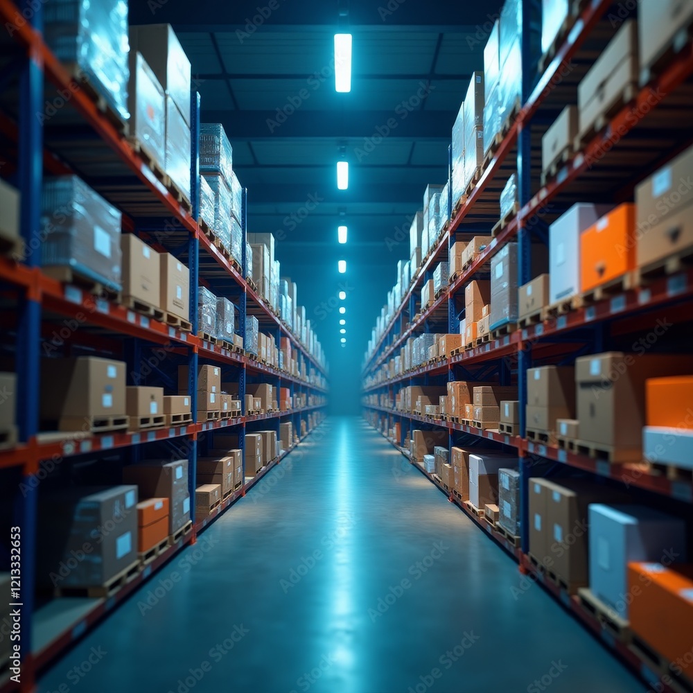 A warehouse with rows of shelves stocked with boxes A warehouse with rows of shelves stocked with boxes