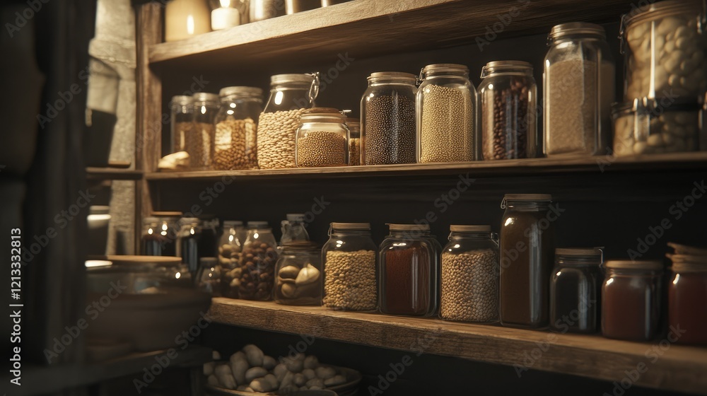 Naklejka premium A pantry in the basement filled with glass jars of preserves, dried beans, and grains, organized on rustic wooden shelves under soft lighting