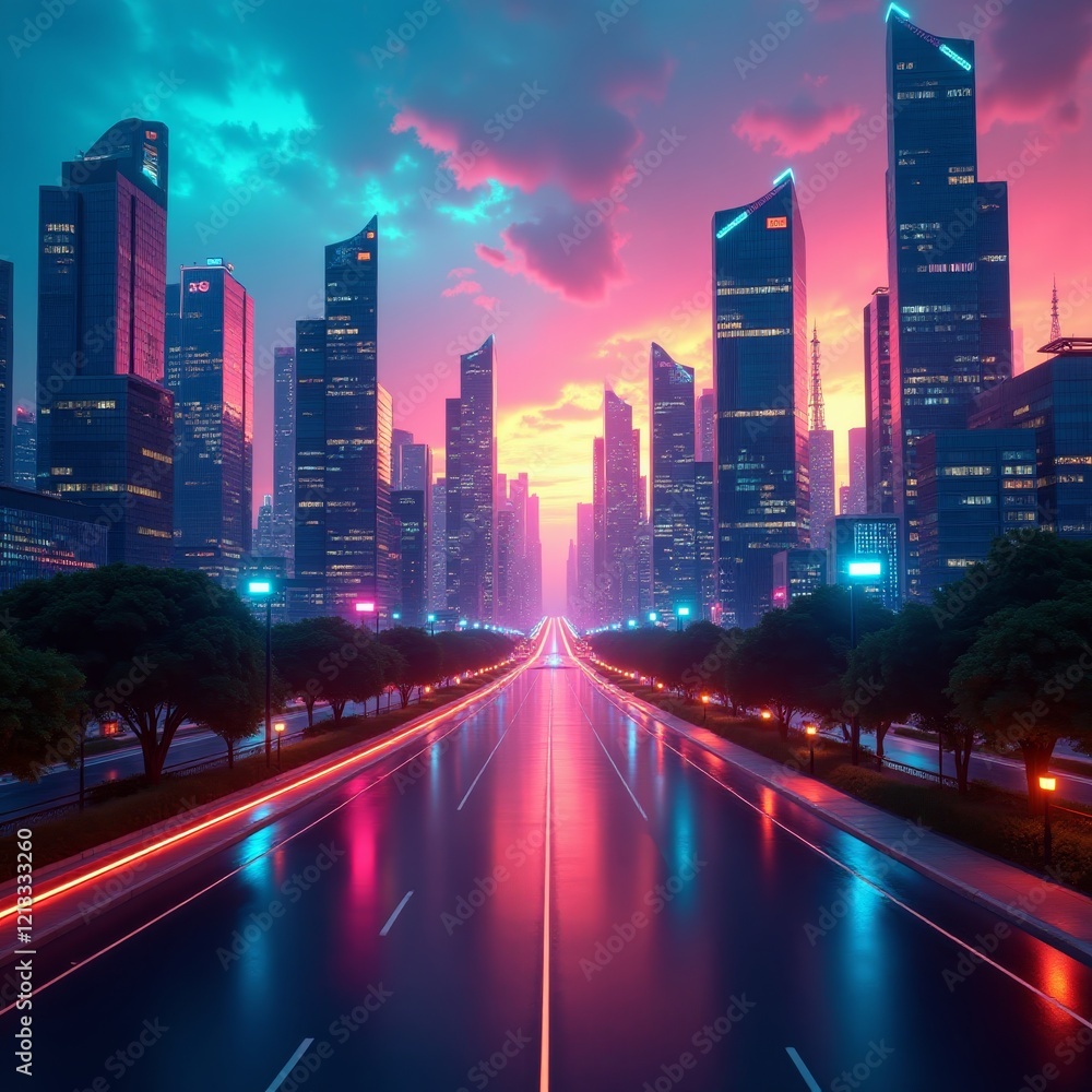 Obraz premium A futuristic cityscape with towering skyscrapers and a vibrant, neon-lit street