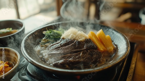 A steaming dish of Turbo marmoratus meat cooked with garlic butter, served on a ceramic plate with Okinawan sides and pickled vegetables photo