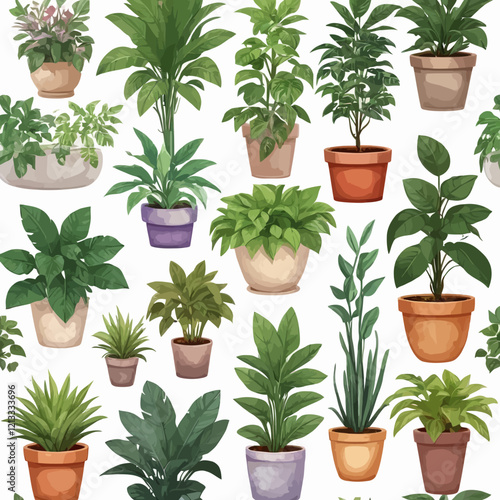 Potted plants collection on white background. Set of interior house plants with baskets, tropical cactus, monstera, leaves, foliage. Different home indoor green decor illustration for decoration, art.