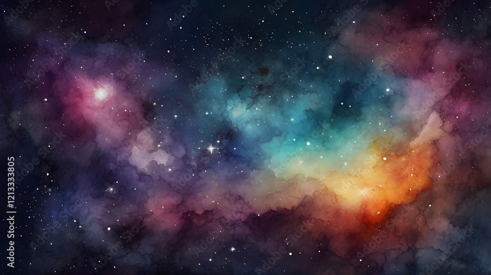 Fototapeta premium Vector cosmic watercolor illustration. Colorful space background with stars.