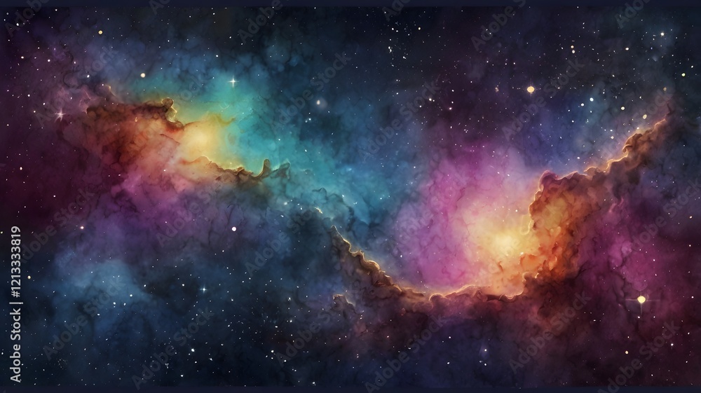 Obraz premium Vector cosmic watercolor illustration. Colorful space background with stars.