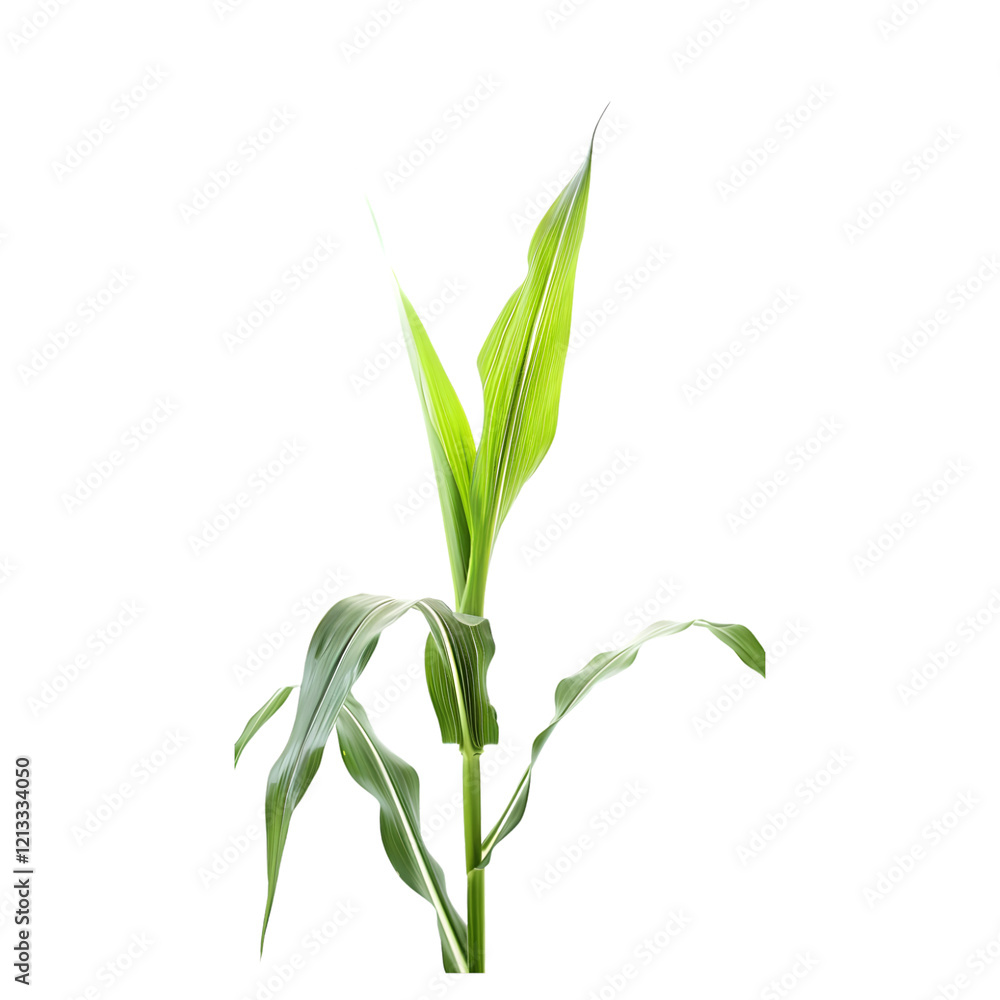 Obraz premium Detailed cornstalk with ripe corn on a transparent backdrop, emphasizing its agricultural quality.