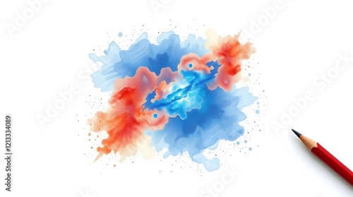 A hand-drawn sketch of a beautiful, realistic vector space scene with a blue nebula, using warm reds, oranges, and yellows, textured pencil strokes on a white background