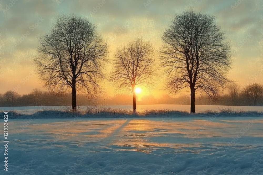 Winter Sunrise Over a Snow-Covered Landscape with Silhouetted Trees