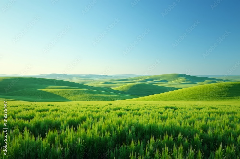 A serene landscape with rolling hills and a clear blue sky A serene landscape with rolling hills and a clear blue sky