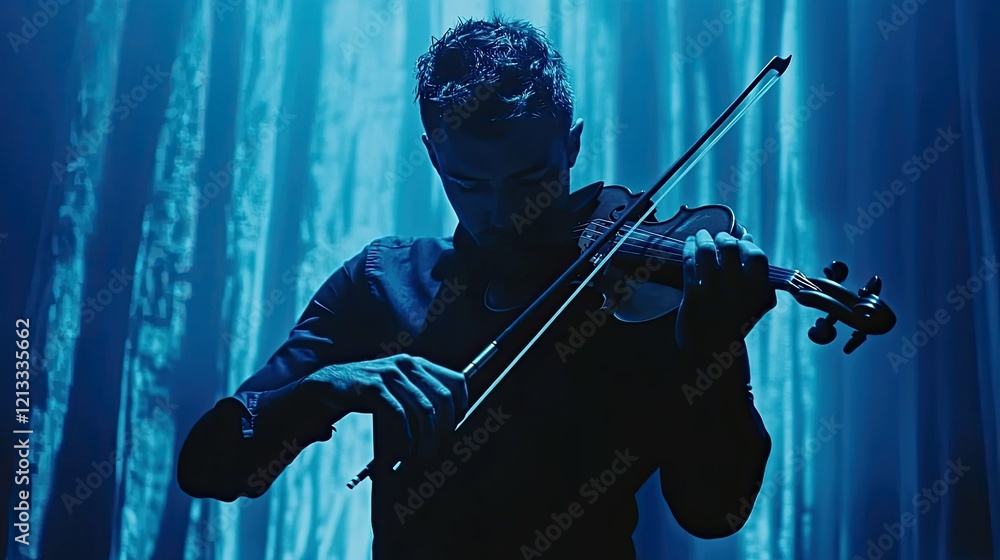 Fototapeta premium Elegant Violinist Performing Under Moody Blue Stage Lights