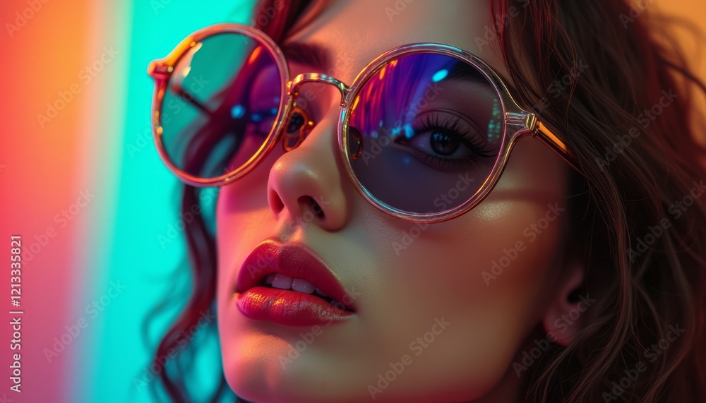 A close-up portrait of a fashionable woman wearing oversized, colorful sunglasses that reflect vibrant hues. Her striking features and glossy lips exude confidence and allure, set against a backdrop A close-up portrait of a fashionable woman wearing oversized, colorful sunglasses that reflect vibrant hues. Her striking features and glossy lips exude confidence and allure, set against a backdrop