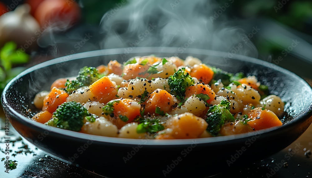 Steam rising from a black bowl filled with freshly cooked vegetables like carrots, broccoli, and cauliflower for a steaming hot meal