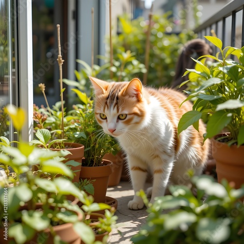 Un gato juguetón oliendo una maceta en un balcón soleado lleno de vegetación
 photo