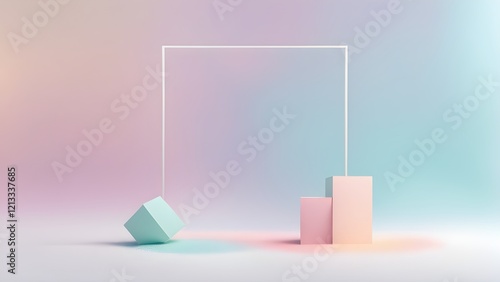 Abstract pastel background with minimalist geometric shapes and a white frame, ideal for product display or presentation.