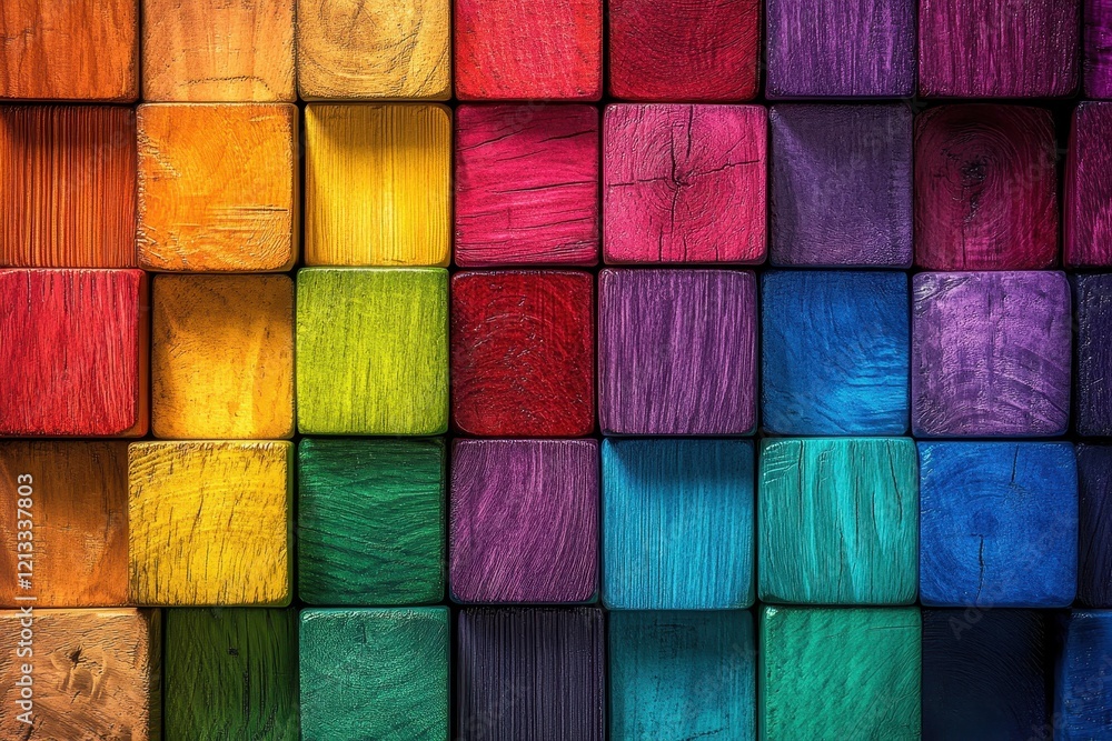 Vibrant, multicolored wooden blocks arranged in a grid pattern. Perfect for backgrounds, representing diversity, or childhood themes. Vibrant, multicolored wooden blocks arranged in a grid pattern. Perfect for backgrounds, representing diversity, or childhood themes.