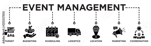 Event management banner web icon concept illustration with target, budgeting, scheduling, logistics, location, marketing, and coordination 