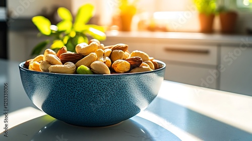 A blue bowl filled with assorted nuts in sunlight photo