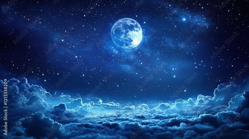 Full moon over a sea of clouds, starry night sky. Perfect for fantasy, dreams, or nighttime themes. Full moon over a sea of clouds, starry night sky. Perfect for fantasy, dreams, or nighttime themes.