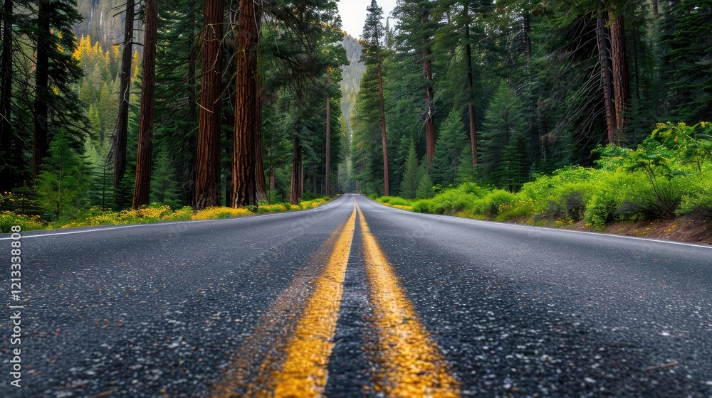 The road passes through a forest filled with lush trees. The road passes through a forest filled with lush trees.