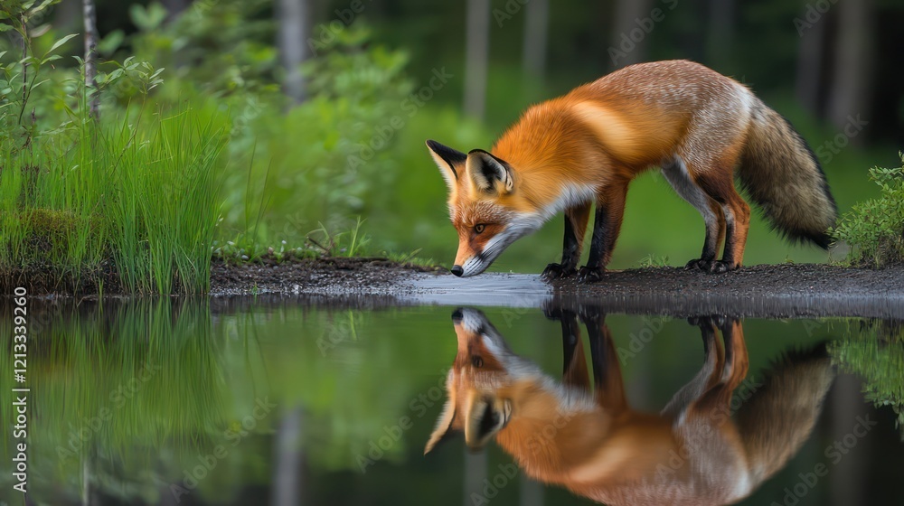 Obraz premium A quiet forest lake with tall evergreens reflecting in the water, while a red fox cautiously drinks at the edge.