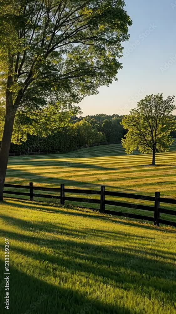 Tranquil sunset illuminating a lush green landscape with shadows and a wooden fence Tranquil sunset illuminating a lush green landscape with shadows and a wooden fence