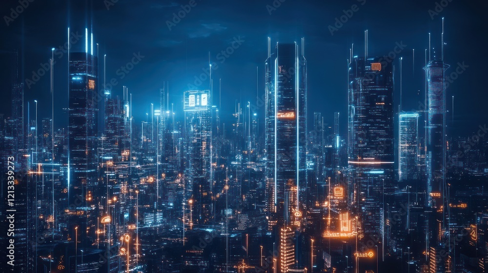 Fototapeta premium Futuristic city night cityscape, glowing towers, digital data streams, advertising