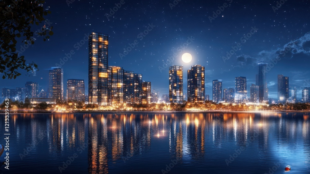 Fototapeta premium Night cityscape, moonlit lake reflection, urban development, starry sky, architectural rendering