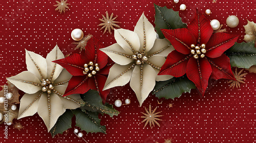 Elegant Christmas poinsettias with pearls and gold accents on a red background.