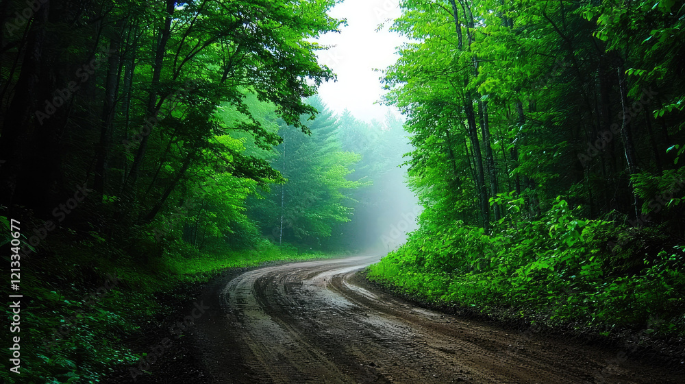 Obraz premium Winding dirt road through lush green forest in misty atmosphere