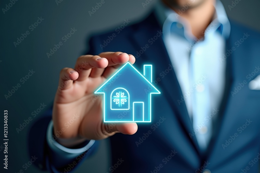 Businessman Holding a Futuristic Digital House Icon Representing Real Estate and Home Ownership in a Modern Corporate Environment Businessman Holding a Futuristic Digital House Icon Representing Real Estate and Home Ownership in a Modern Corporate Environment