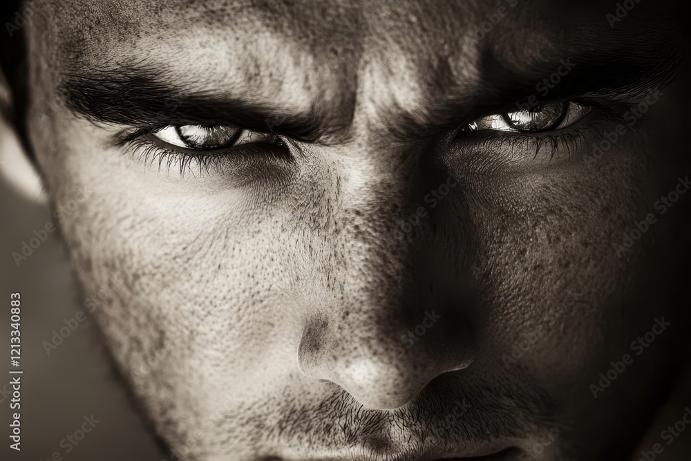 Naklejka premium Close-up of a man's intense, angry eyes. Ideal for conveying themes of power, defiance, or conflict.