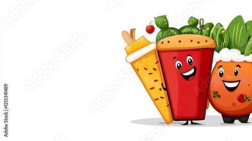 Cute Cartoon Fruits and Snacks Characters with Smiling Faces photo