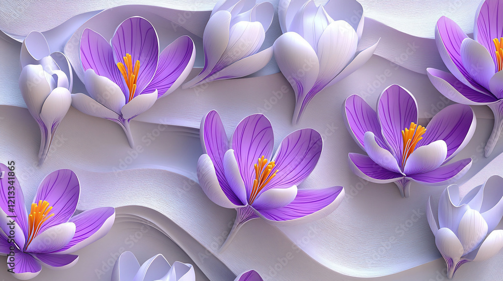 Fototapeta premium Purple and white crocus flowers on wavy background.