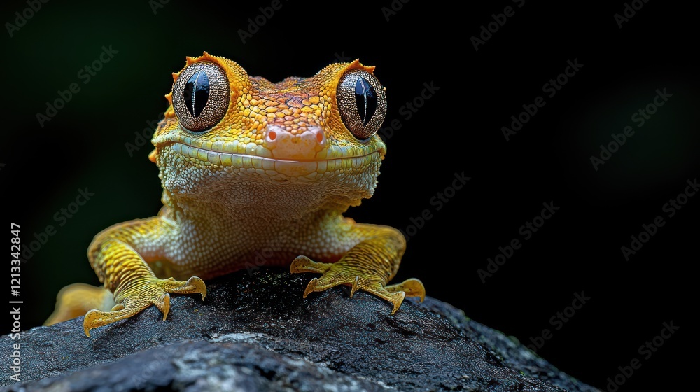Close-up of a vibrant yellow gecko on a rock, dark background. Close-up of a vibrant yellow gecko on a rock, dark background.