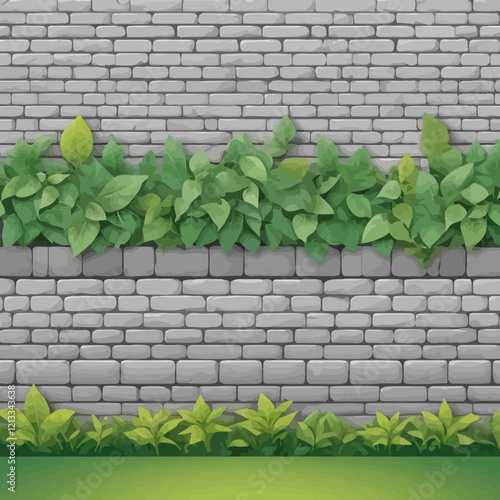 Brick vector fence, stone house wall seamless border, rock gray tiles, column isolated on white. Garden manor barrier illustration, architectural outdoor design element. Old classic brick wall clipart