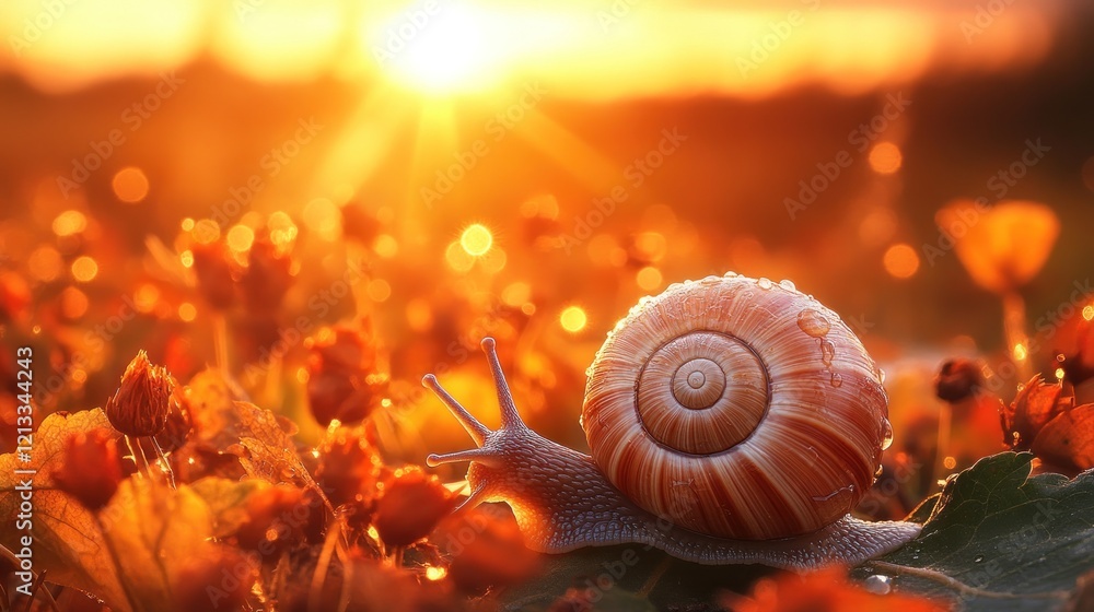 Snail at sunset in autumn field.