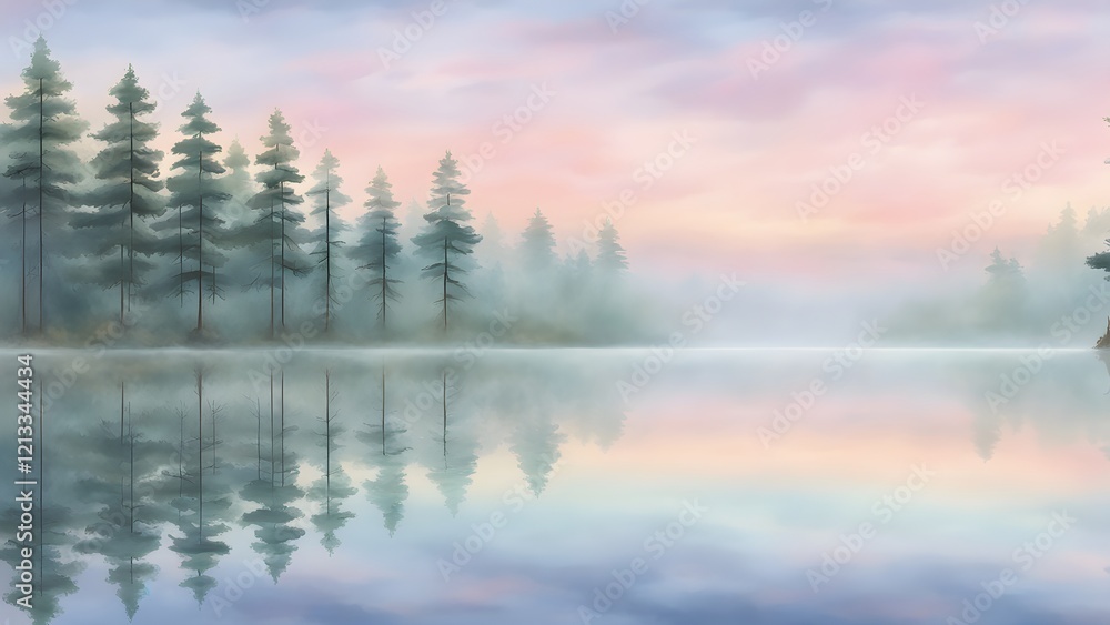 Fototapeta premium Serene pastel sunrise over a tranquil lake, mirrored by a misty pine forest.