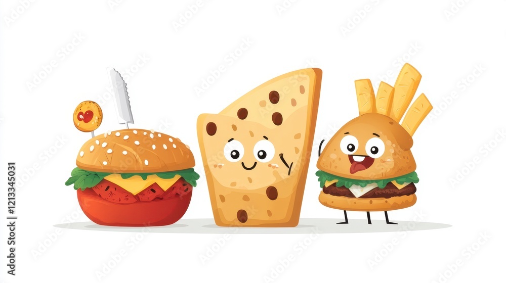 Fototapeta premium Cute Cartoon Characters of Burger, Cheese, and French Fries