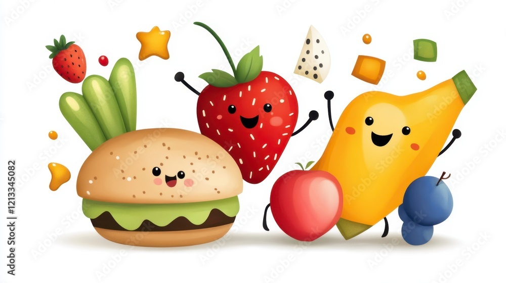 Playful Cartoon Characters with Fruits and Vegetables on White Background Playful Cartoon Characters with Fruits and Vegetables on White Background