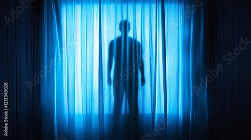 Person’s Silhouette Illuminated through Blue Curtains photo