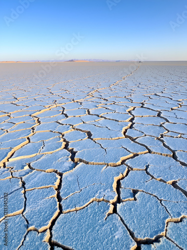 The desert image shows vast cracked ground with blue substance, implying salt or mud. Barren, harsh, and inhospitable, devoid of life, under extreme weather conditions. photo